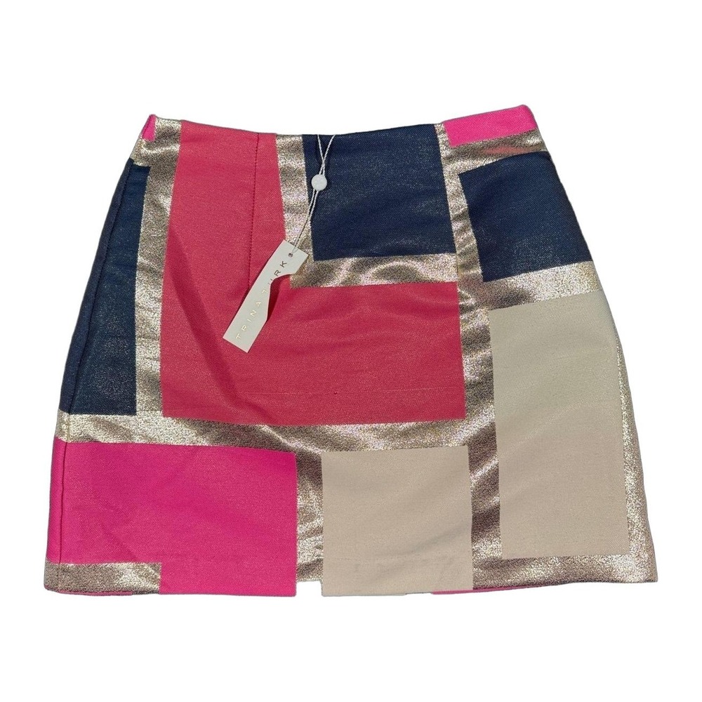 Trina Turk Rico Skirt High Rise Mini Metallic Colorblock Pink Gold 00 Womens